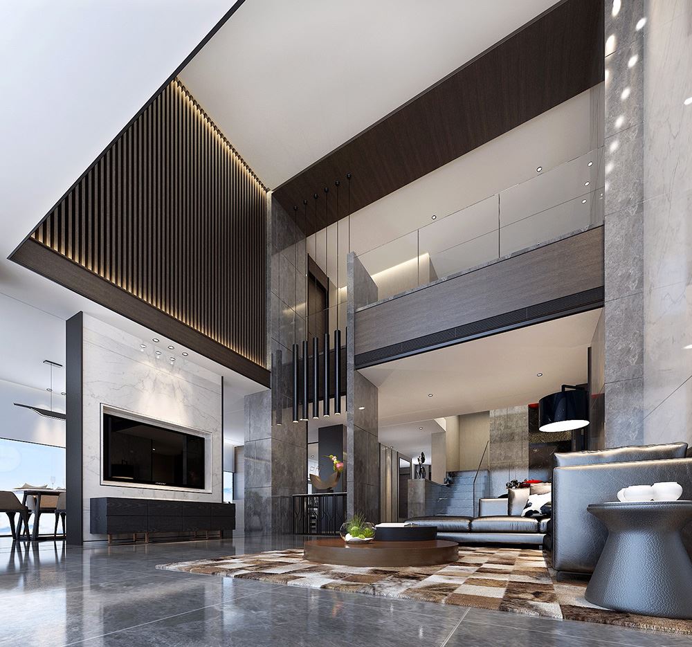 黑白灰现代简约风格室内装修效果图-佛山天湖郦都别墅420平米